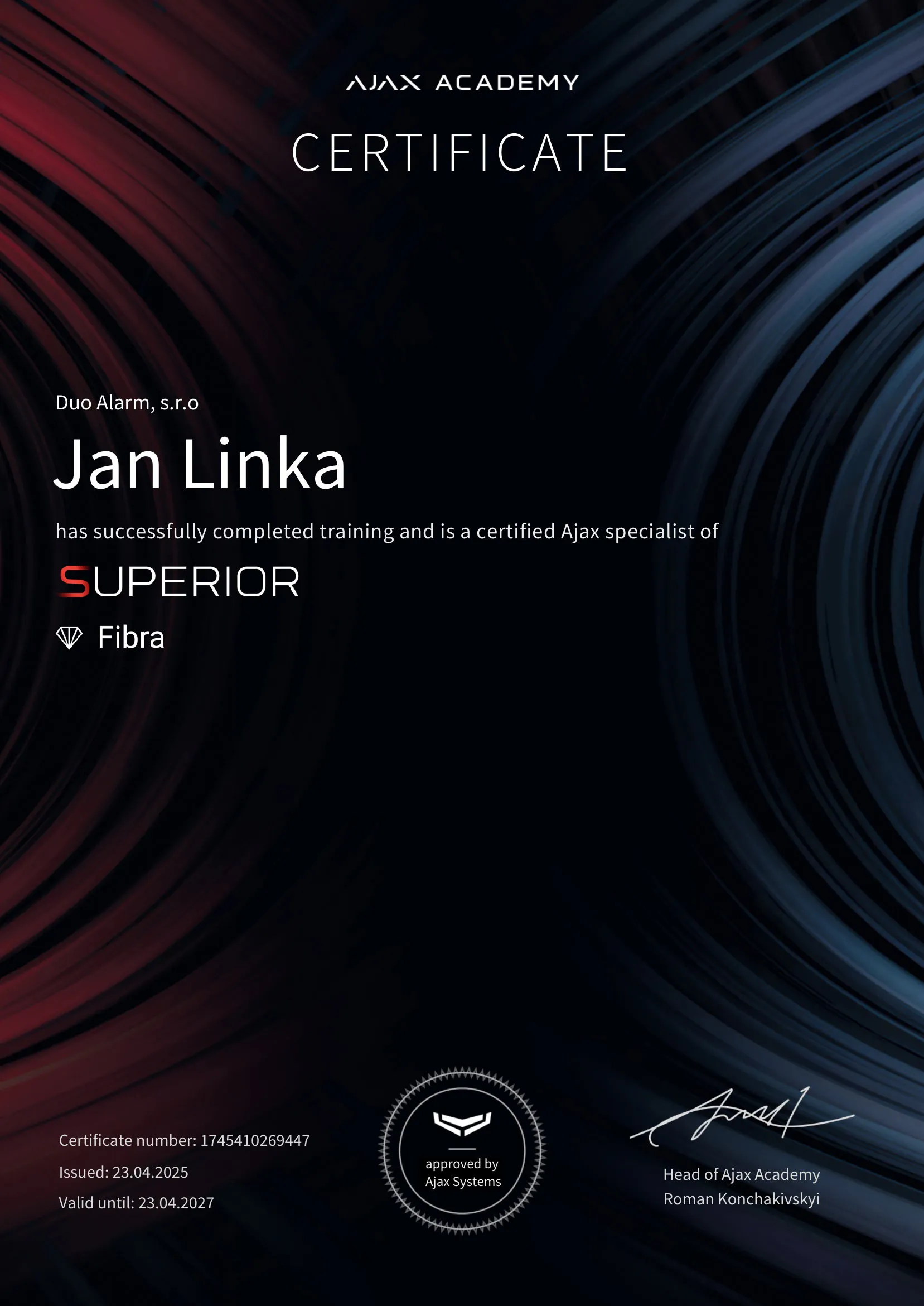 Certifikát Ajax Superior Fibra Installer