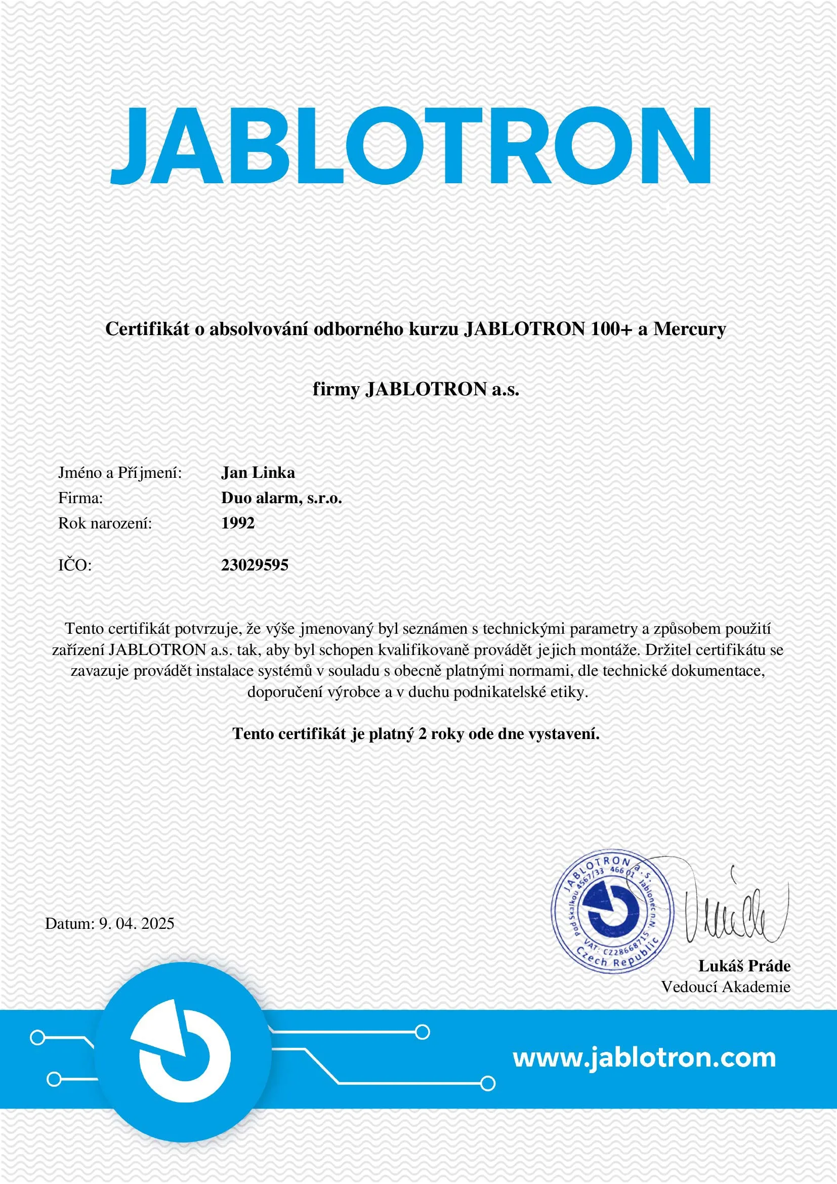 Certifikát Jablotron 100+ a Mercury CZ 100