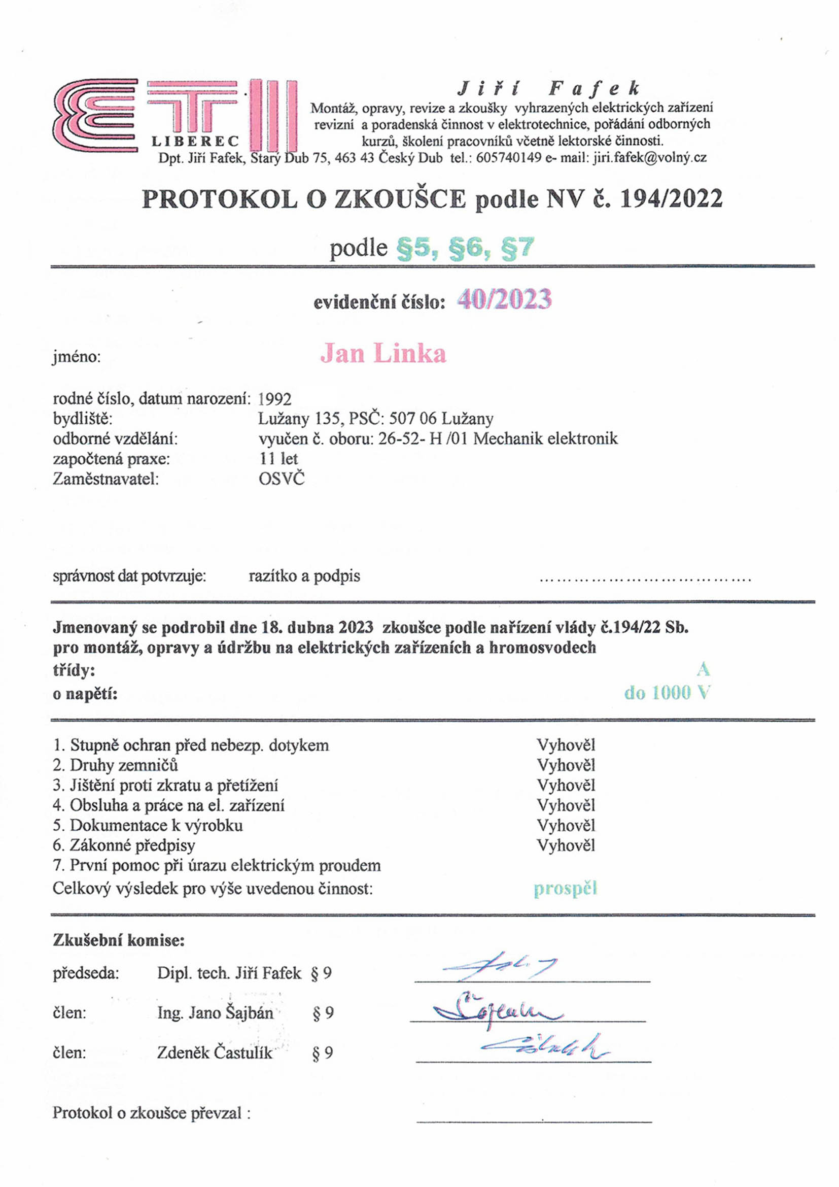 Certifikát NV 194/2022 Sb.